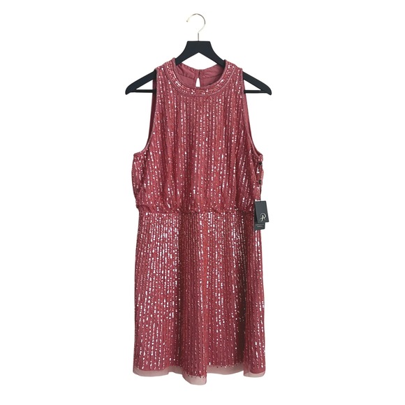 Adrianna Papell Sequin Beaded Blouson Party Dress Sugar Poppy Pink Size 14 - Picture 2 of 12